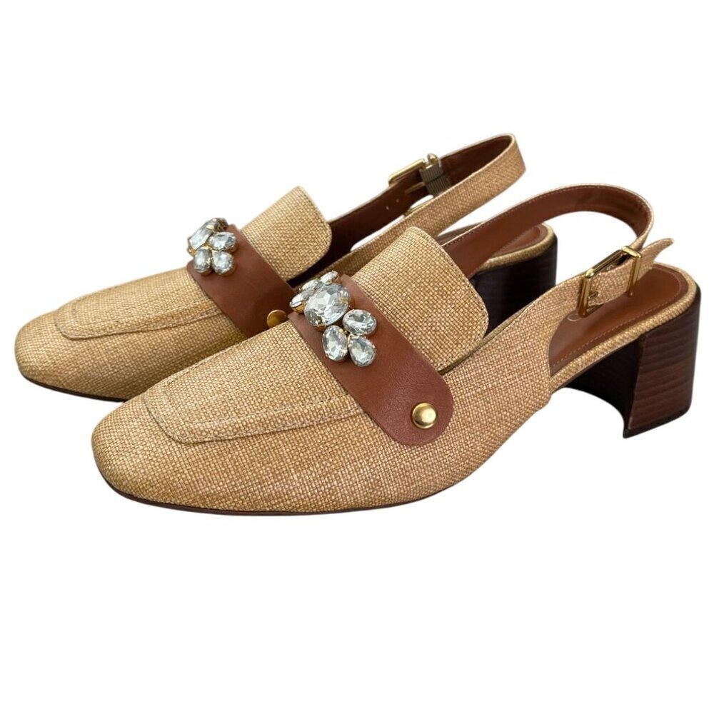 Arezzo Emory Crystal Slingback Pumps Tan Raffia Brown Leather Heels Size 11 - Picture 2 of 12